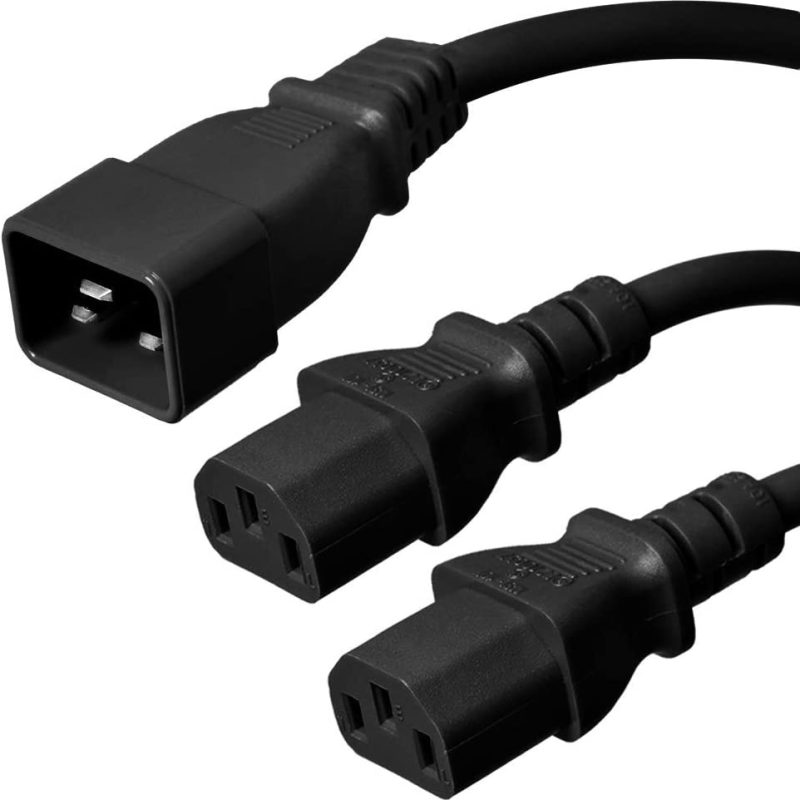 IEC C20 to 2X C13 Y Splitter Cord - 1 Foot (1 Foot Legs), 15A/250V, 14/3 AWG - Iron Box Part # IBX-6454-02 (2 ft)